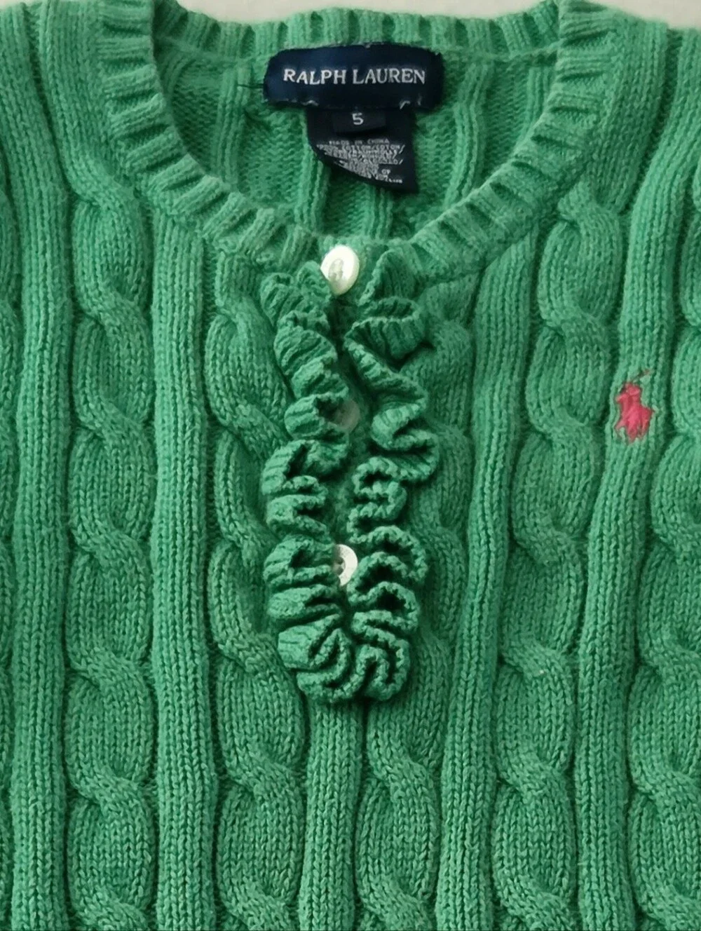 Ralph Lauren Emerald Green Cable-Knit Ruffle Henley Sweater With Pink Pony